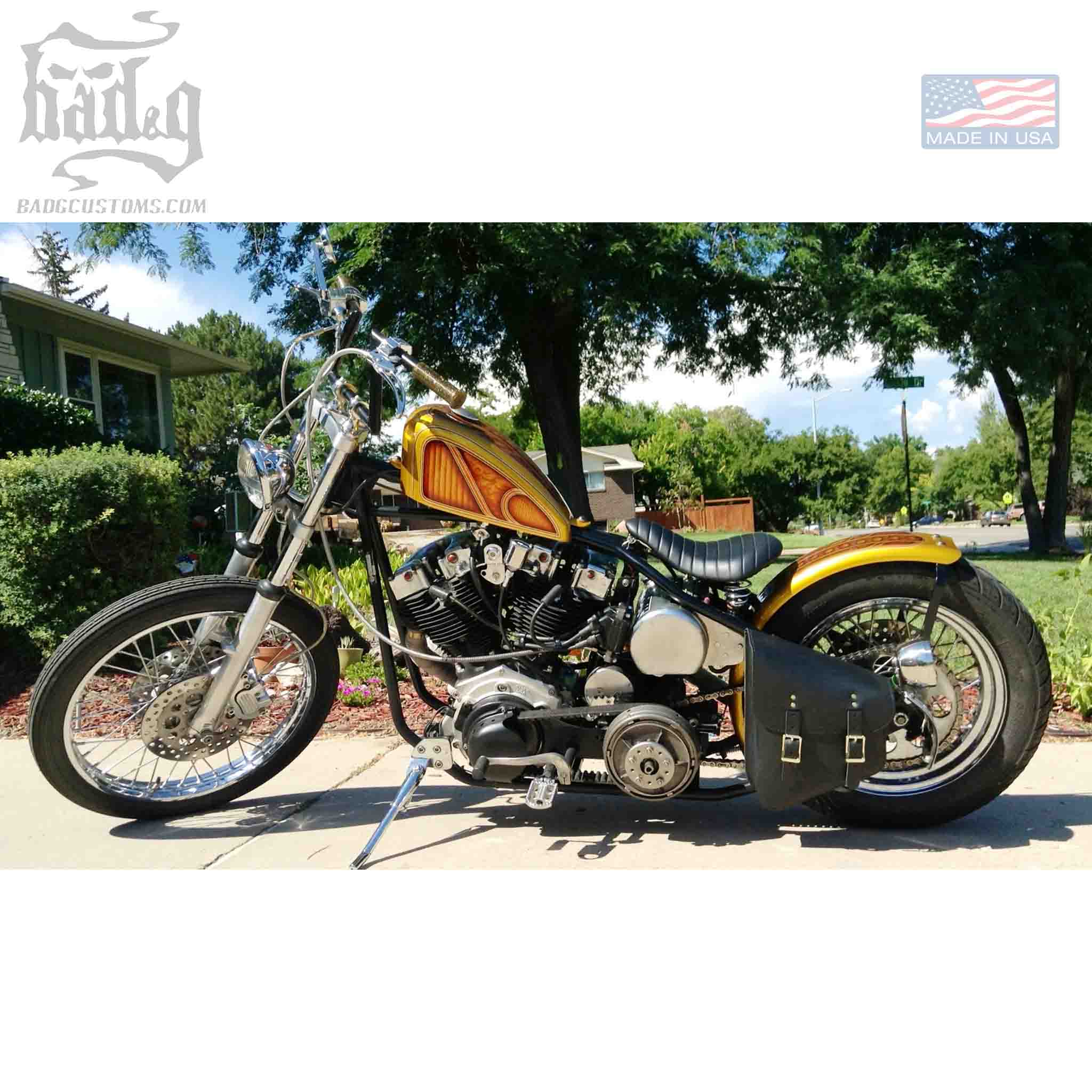 Upgrade your Harley-Davidson® Hardtail Chopper / Bobber with the SHL01 Left Side Solo Bag. Hand crafted in USA with premium leather and top quality hardware. Durable and stylish, it's the perfect fit for your motorcycle.