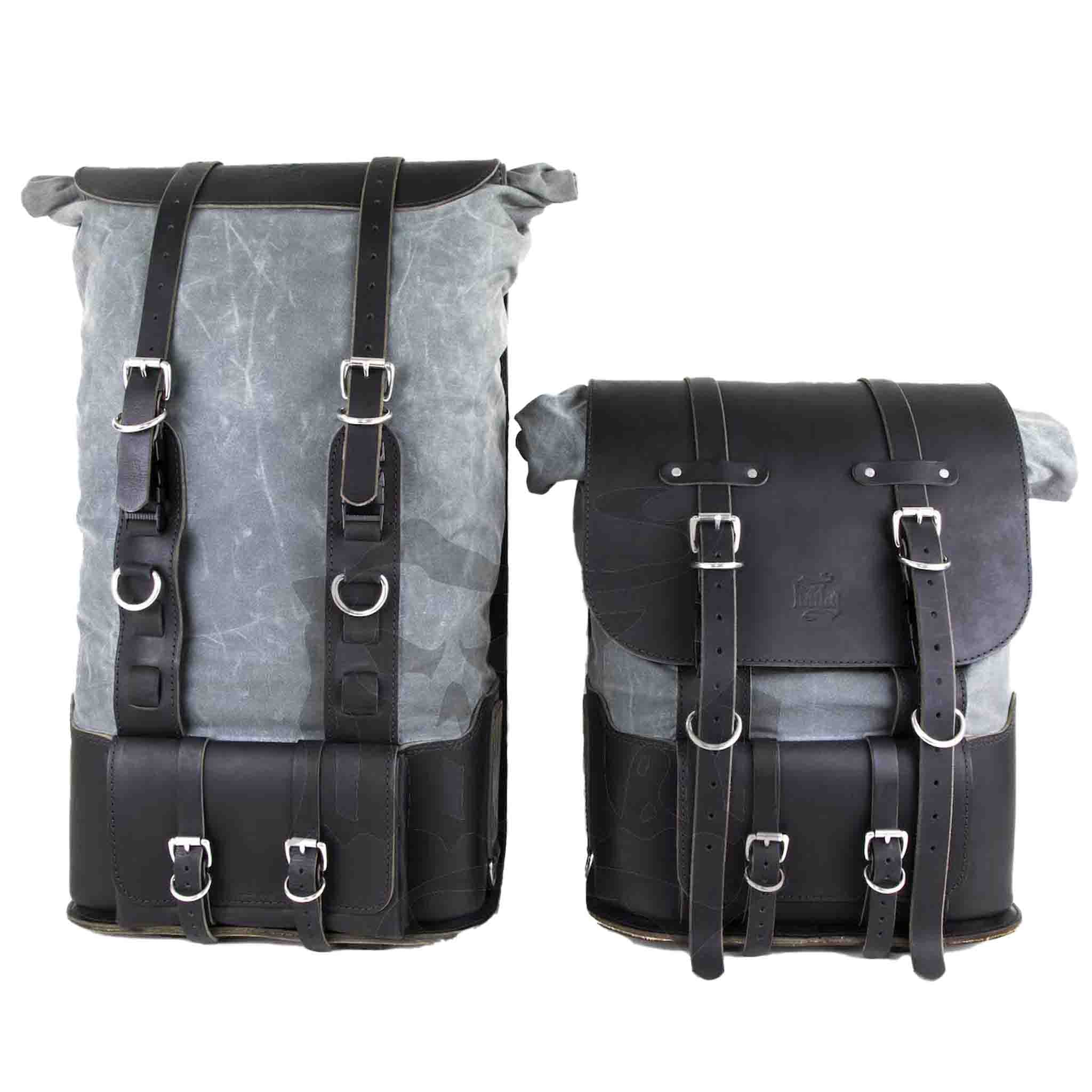 Upgrade your ride with the URB10 Rolltop Saddlebags. Unique design enables quick conversion from saddlebag to backpack. Hand crafted in USA with premium veg tan water buffalo leather, waxed canvas and stainless steel hardware. Durable and stylish, they are the perfect fit for your motorcycle.