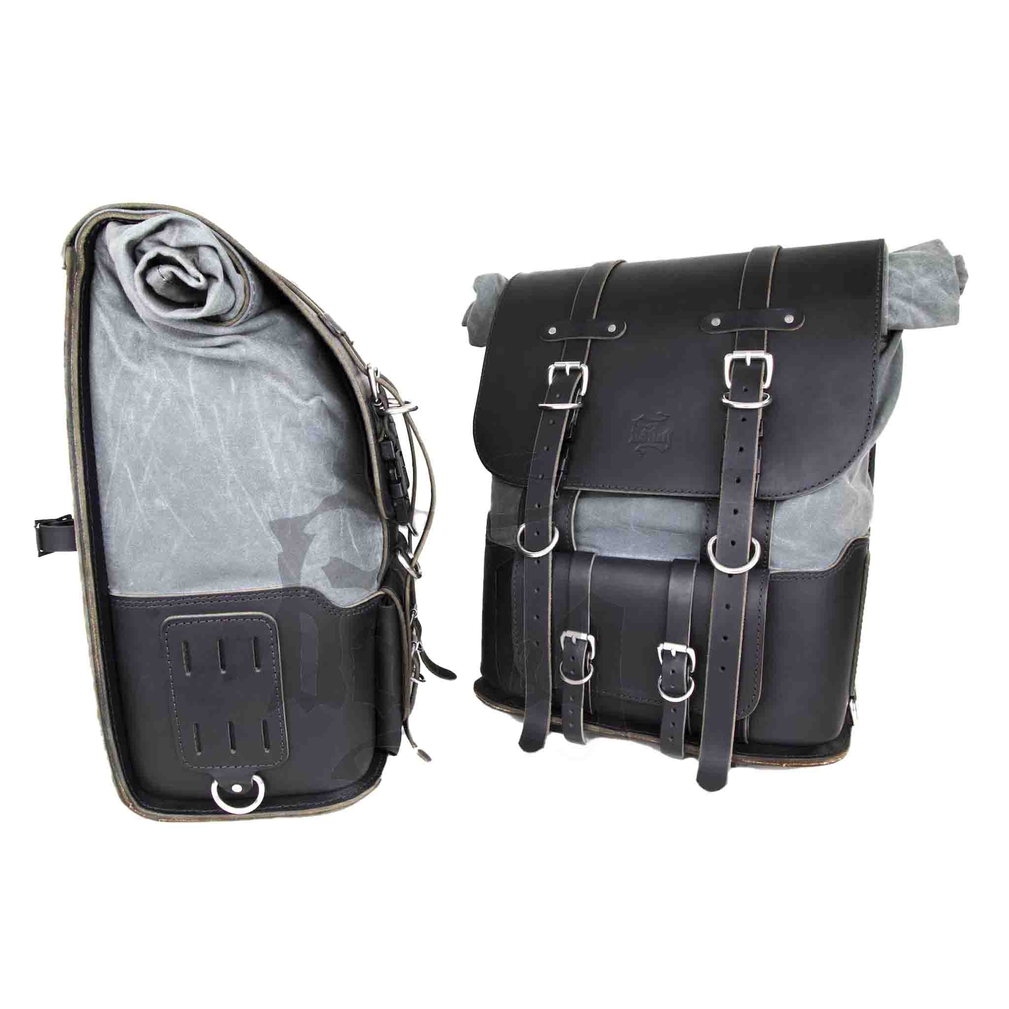 Upgrade your ride with the URB10 Rolltop Saddlebags. Unique design enables quick conversion from saddlebag to backpack. Hand crafted in USA with premium veg tan water buffalo leather, waxed canvas and stainless steel hardware. Durable and stylish, they are the perfect fit for your motorcycle.