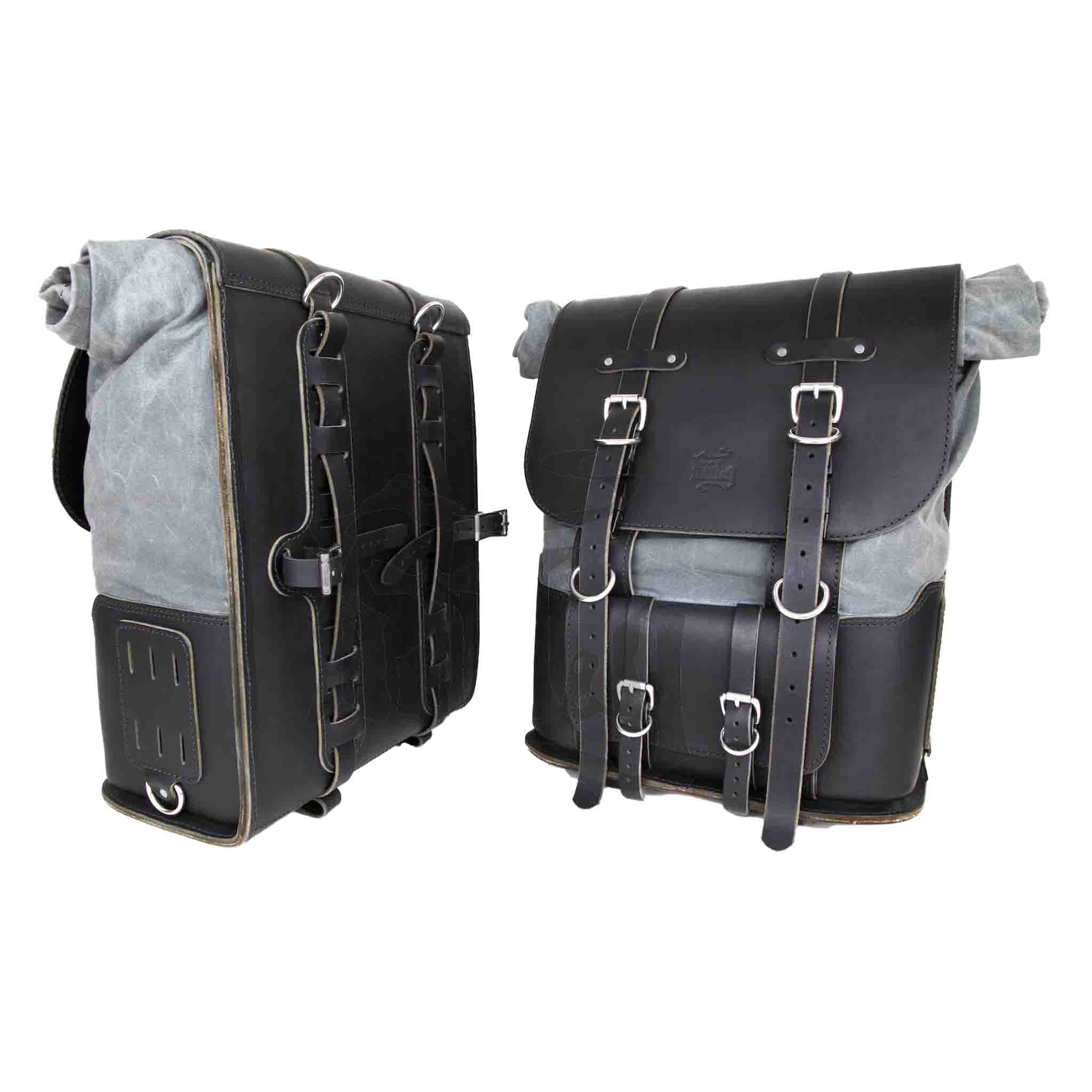 Upgrade your ride with the URB10 Rolltop Saddlebags. Unique design enables quick conversion from saddlebag to backpack. Hand crafted in USA with premium veg tan water buffalo leather, waxed canvas and stainless steel hardware. Durable and stylish, they are the perfect fit for your motorcycle.