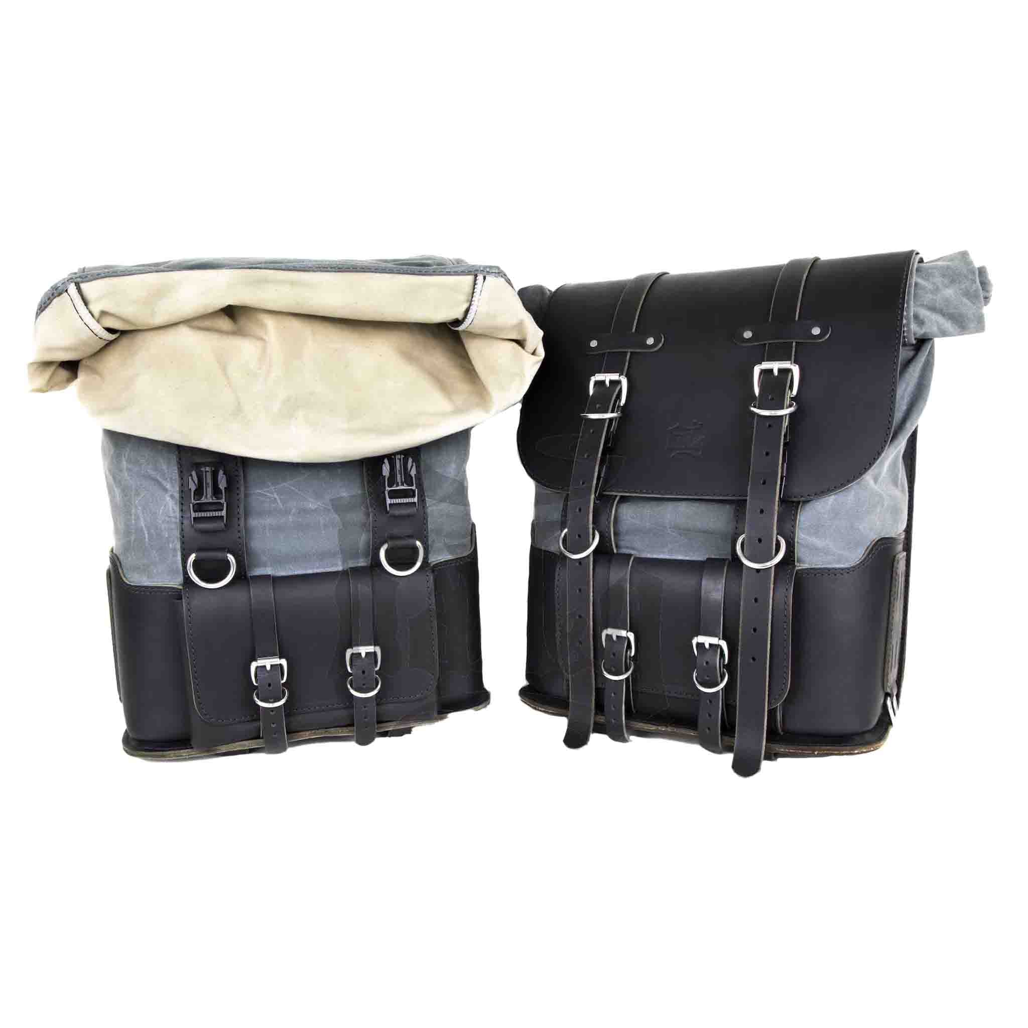 Upgrade your ride with the URB10 Rolltop Saddlebags. Unique design enables quick conversion from saddlebag to backpack. Hand crafted in USA with premium veg tan water buffalo leather, waxed canvas and stainless steel hardware. Durable and stylish, they are the perfect fit for your motorcycle.