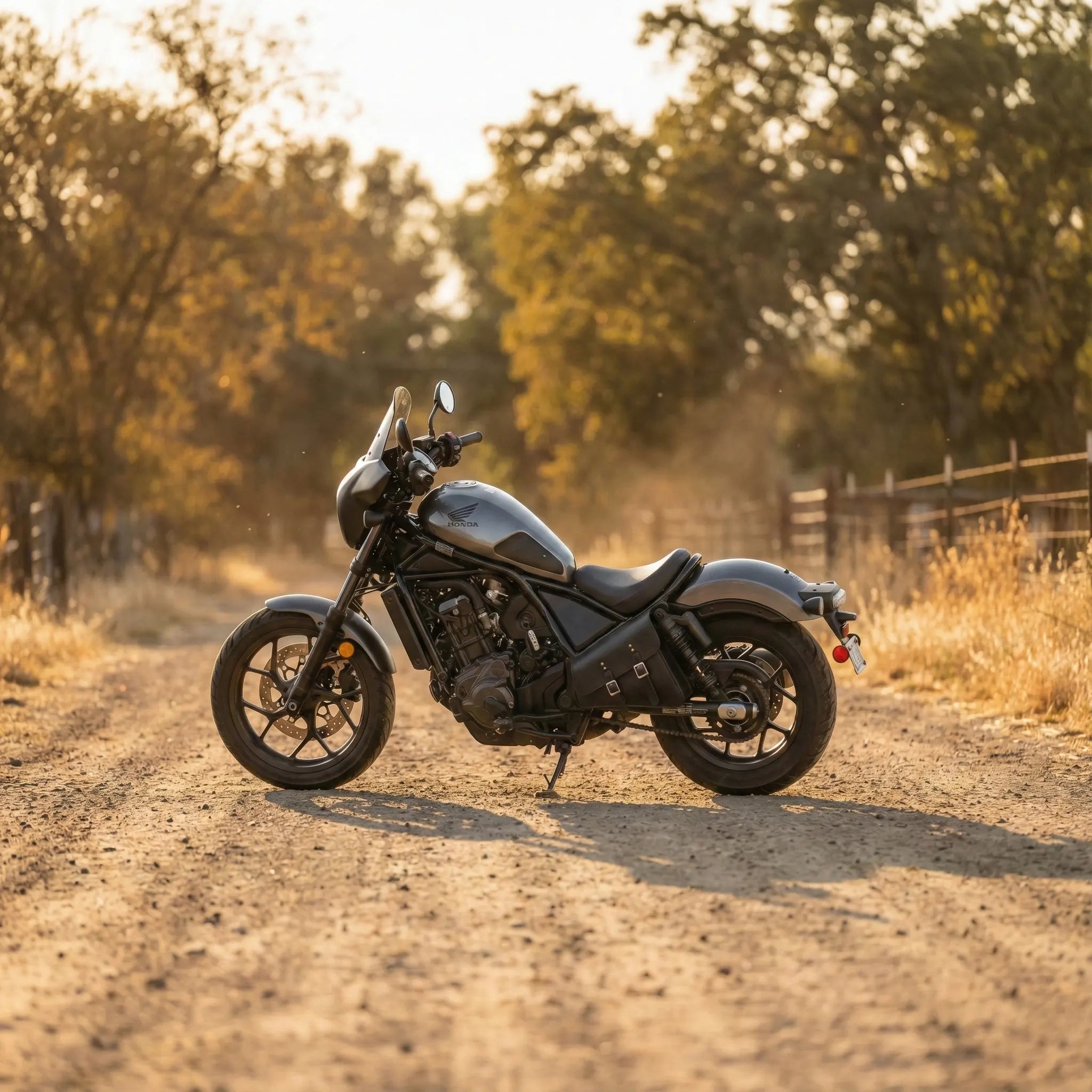Motorcycle on a dirt road with trees in the background