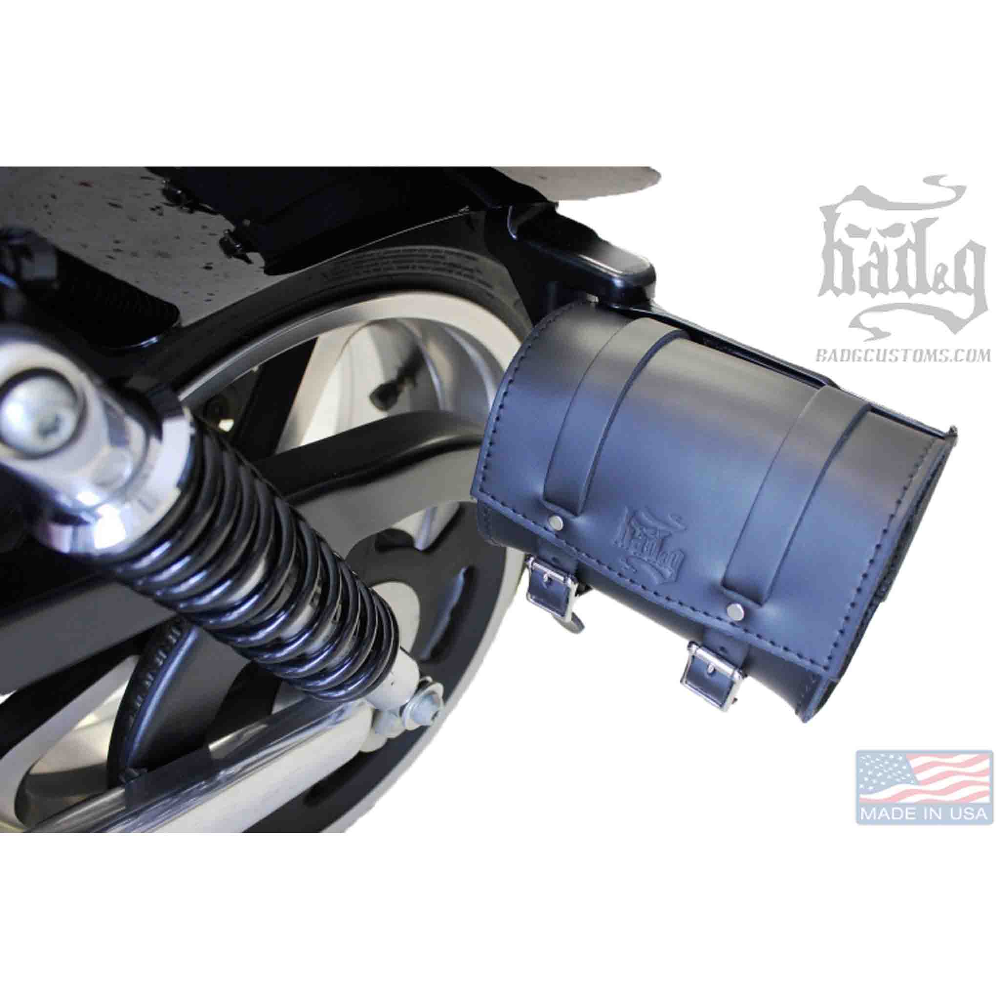 Upgrade your ride with the MT03 side mounted license plate tool bag. Hand crafted in USA with premium leather and top quality hardware. Durable and stylish, it's the perfect fit for your motorcycle.