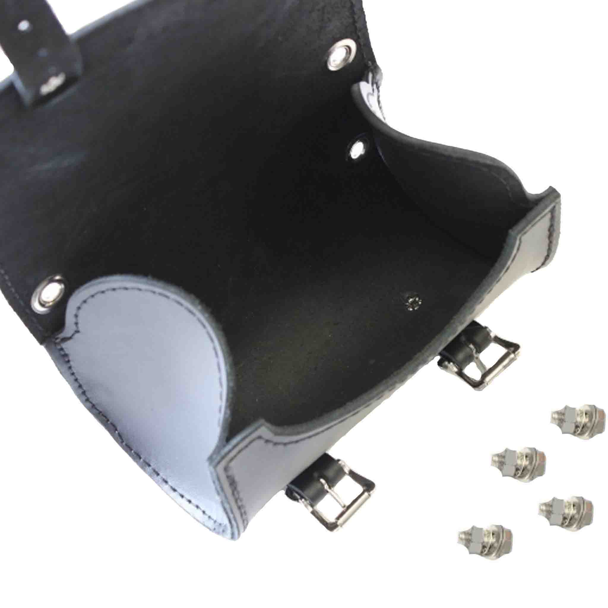 Upgrade your ride with the MT03 side mounted license plate tool bag. Hand crafted in USA with premium leather and top quality hardware. Durable and stylish, it's the perfect fit for your motorcycle.